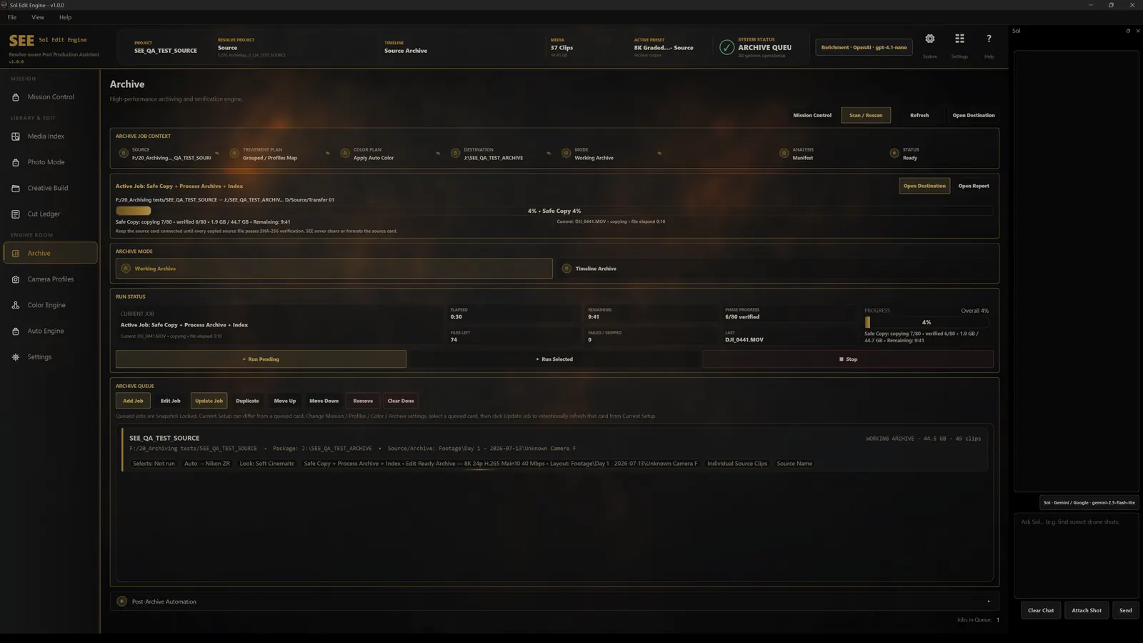 SEE Archive showing source copy progress and verification state