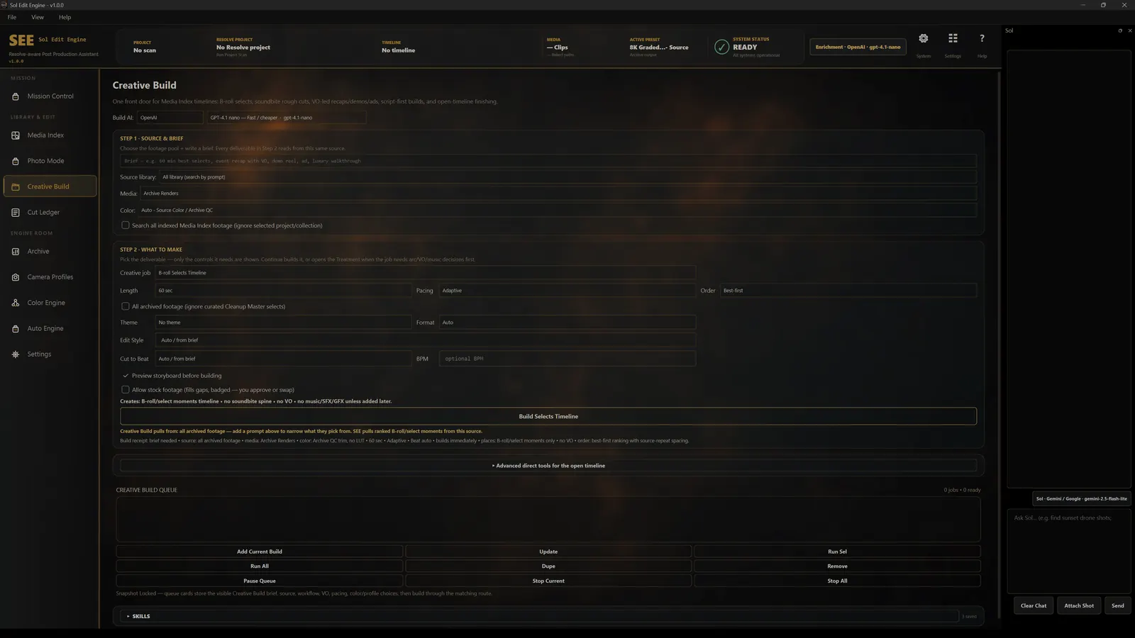 SEE Creative Build showing a timeline brief and build controls