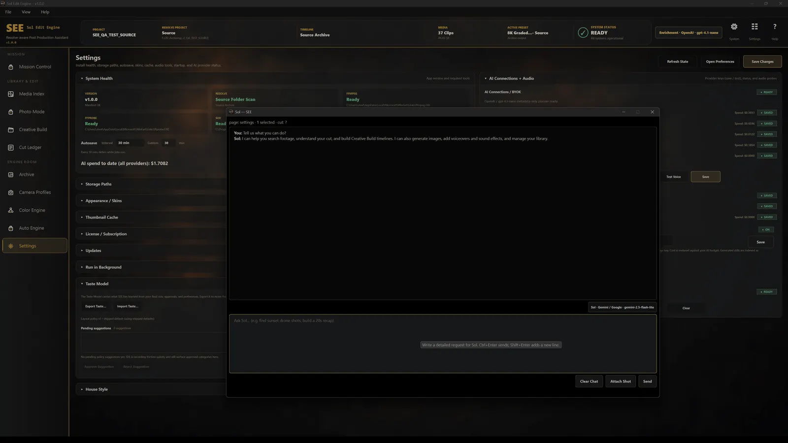 Sol assistant inside SEE showing grounded workflow guidance